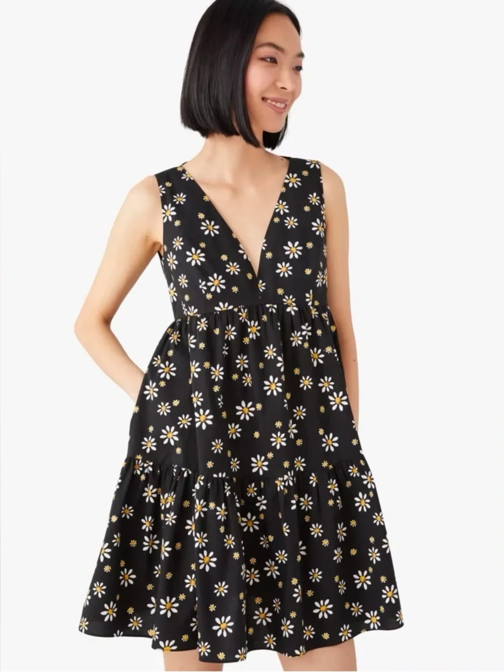 Kate Spade Daisy Dots Vineyard Tiered Sleeveless Cotton Blend Mini Dress Black 6